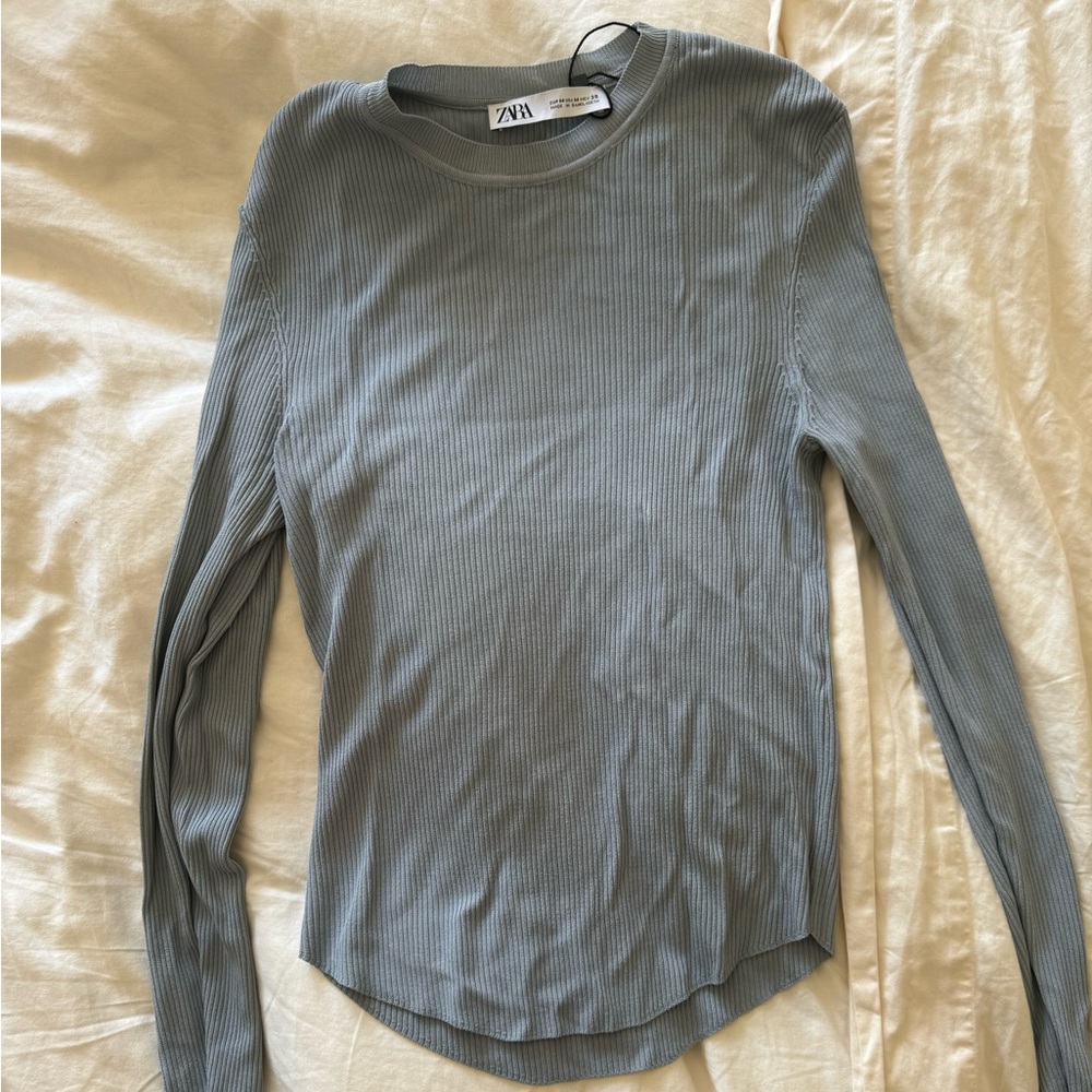 Zara powder blue ribbed long sleeve top